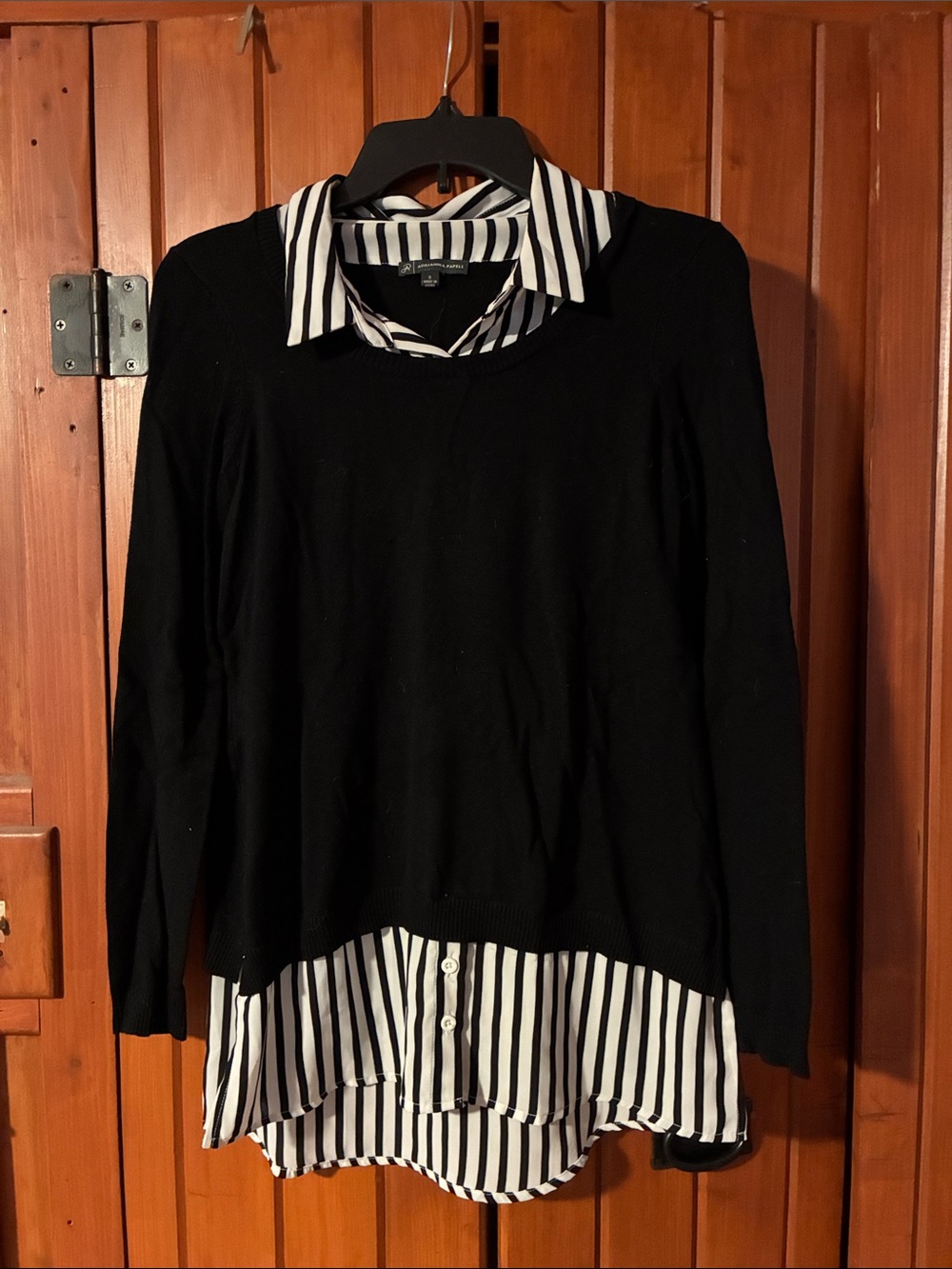 Adrianna Papell Black Sweater with Black & White Striped Shirt Detail. B1